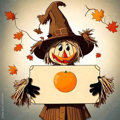 An illustration of a scarecrow for Halloween holding up a blank sign. photo