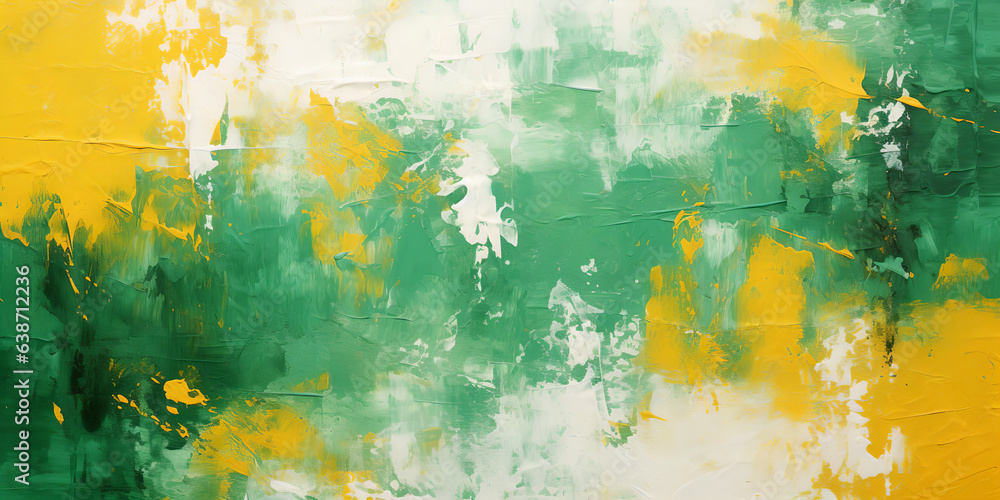 Canvas painting, closeup abstract, colorful brush painting, yellow, green, black, white paint, acryl brush, wall painting background, brushstroke, pallet knife, Generative AI