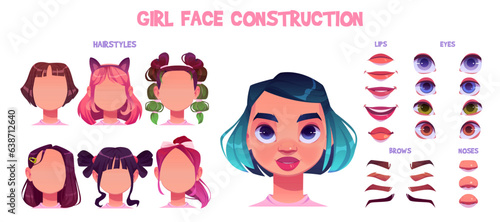 Girl face construction kit. Cartoon facial parts for creation female child avatars with different nose, eyes and brows, hair. Vector illustration of head elements set for caucasian kid face generator.