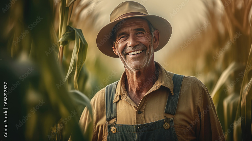 Agriculturist, Portrait of Happy senior farmer in growing corn field. agriculture. Generative Ai