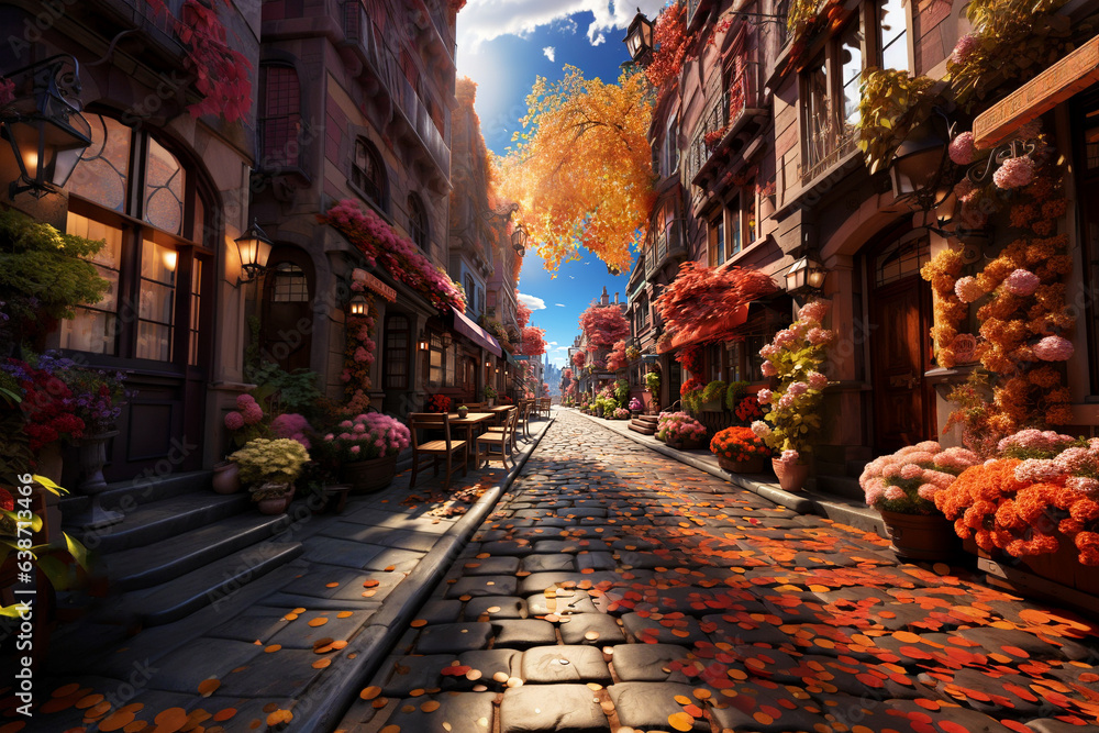 illustraition of cozy paved street on warm autumn day, covered with orange fallen leaves and decorated with colorful flowers