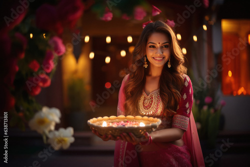 Indian woman holding diya or oil lamp in hand. diwali festival concept. photo