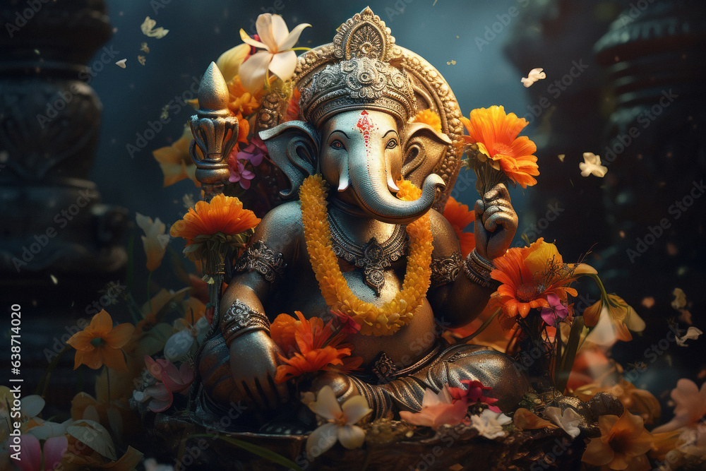 Decorative lord ganesha sculpture with flower