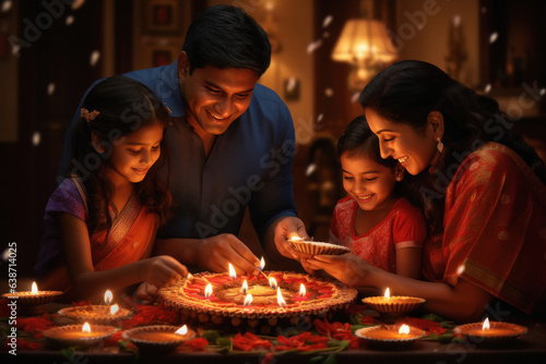 Indian family flaming diya in diwali festival.
