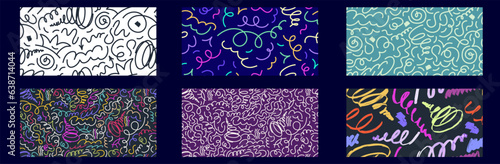 Confetti Scribble abstract seamless pattern set. Playful colorful squiggle for kid design. Simple Confetti pattern with scribble memphis print. Simple vector seamless illustration