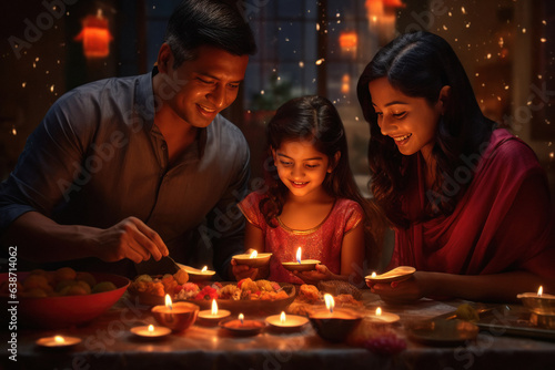 Indian family flaming diya in diwali festival.
