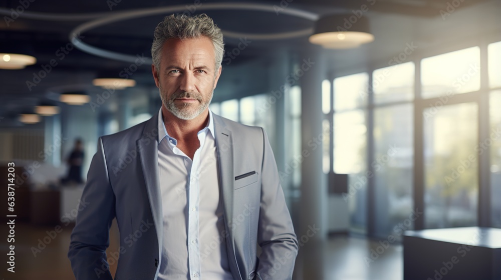 Confident businessman in a suit smiles for a portrait in a professional office setting Confident businessman in a suit smiles for a portrait in a professional office setting