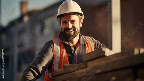 Portrait of happy construction bricklayer worker at construction site. Smiling bricklayer with safety vest and hat photo