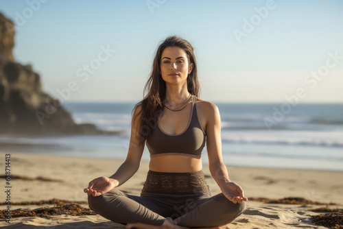 female doing yoga on seaside