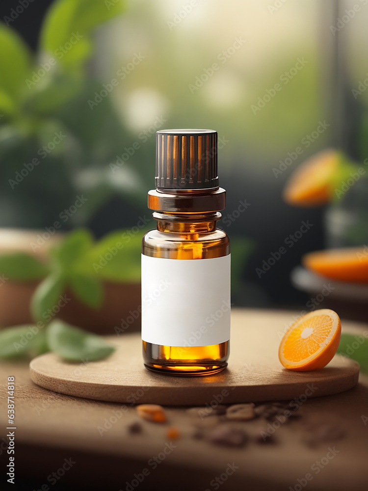 Essential oil bottle or essence body care concept filled with natural spa cosmetics and empty label package Essential oil bottle or essence body care concept filled with natural spa cosmetics and empty label package