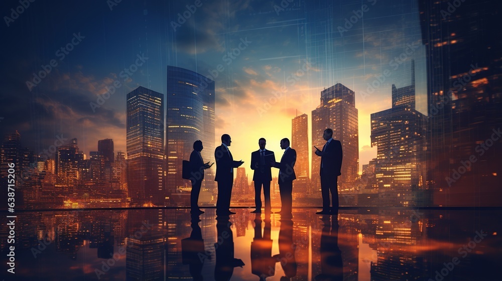 Group of business people standing on building city background Group of business people standing on building city background
