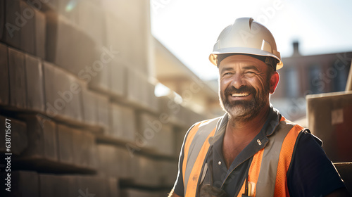 Portrait of happy construction bricklayer worker at construction site. Smiling bricklayer with safety vest and hat photo
