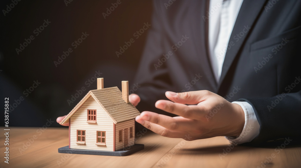 House model in home insurance broker agent ‘s hand or in salesman person.generative ai House model in home insurance broker agent ‘s hand or in salesman person.generative ai