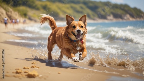 Happy dog running on a beach side in sunny summer day.