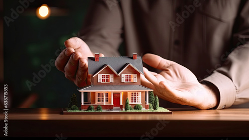 House model in home insurance broker agent ‘s hand or in salesman person.generative ai