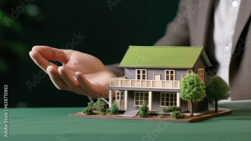 House model in home insurance broker agent ‘s hand or in salesman person.generative ai