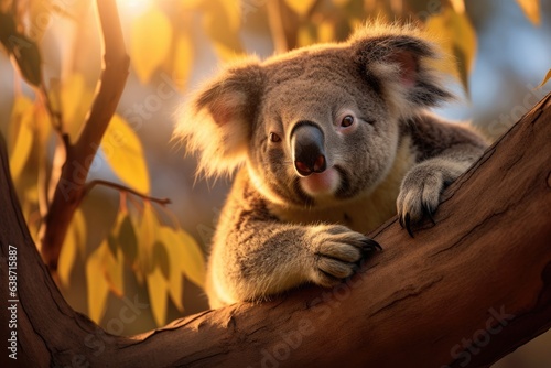 A koala is sitting on a tree branch. Generative AI.