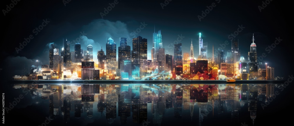 A city at night with lights reflecting in the water. Generative AI. A city at night with lights reflecting in the water. Generative AI.