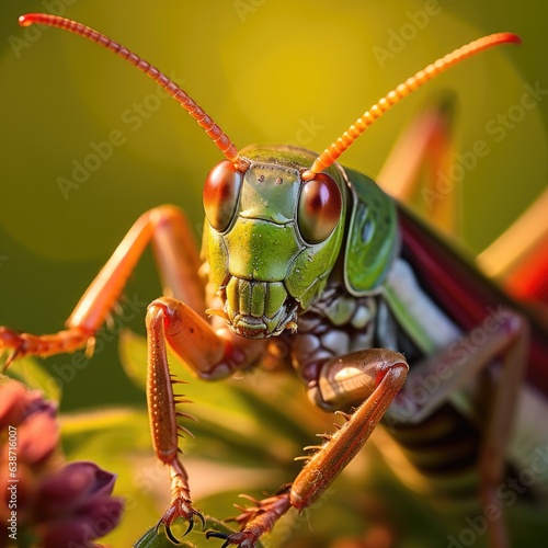A close up of a grasshopper on a plant. Generative AI.