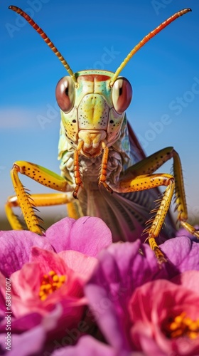 A close up of a grasshopper with flowers in the background. Generative AI. © serg3d