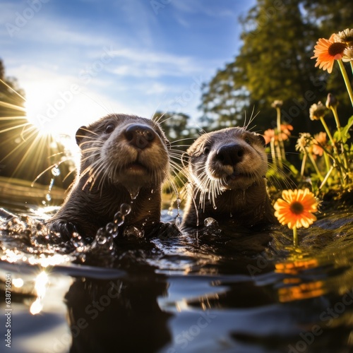 Two otters are swimming in a body of water. Generative AI. © serg3d