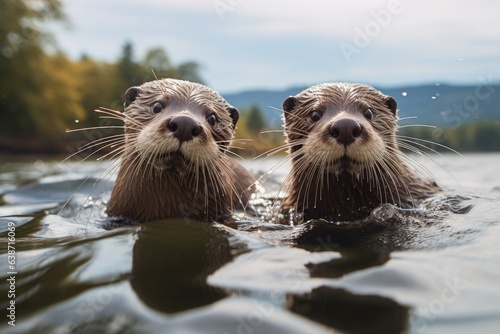 Two otters are swimming in the water. Generative AI.