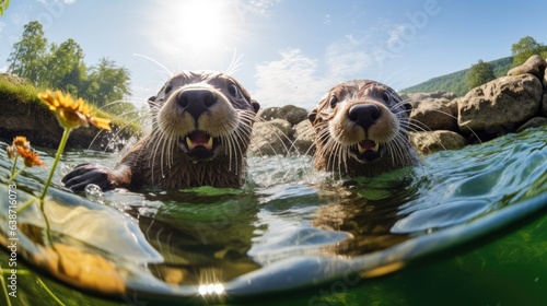 Two otters in the water with their mouths open. Generative AI.