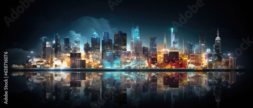 A city at night with lights reflecting in the water. Generative AI.