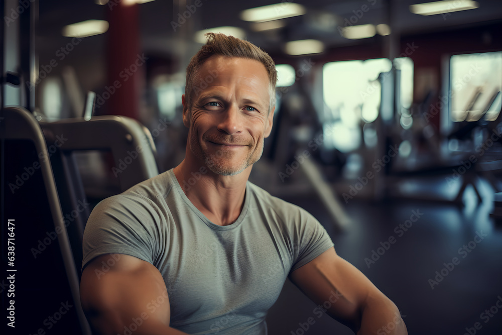 Obraz premium Portrait of muscular men in gym smiling, standing confident with crossed his arms. Happy smile, athlete building muscle and healthy weight lifting for strength