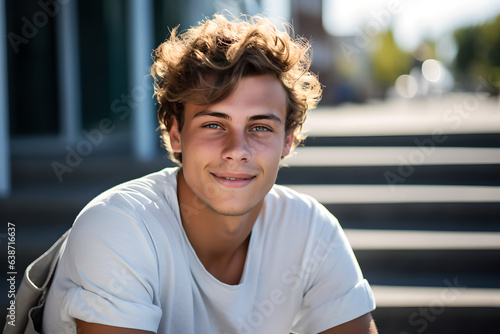 Portrait of young handsome man with curly hair sitting in the university. Attractive college student smiling and looking at camera
