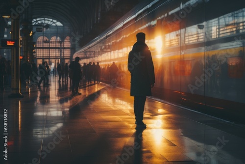 Passenger at train platform for travel. Generative AI