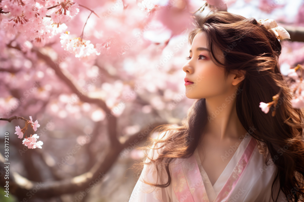 Peaceful young woman next to a sakura tree. Generative AI. Peaceful young woman next to a sakura tree. Generative AI.