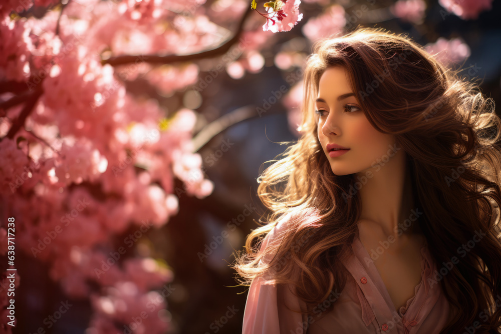 Peaceful young woman next to a sakura tree. Generative AI. Peaceful young woman next to a sakura tree. Generative AI.
