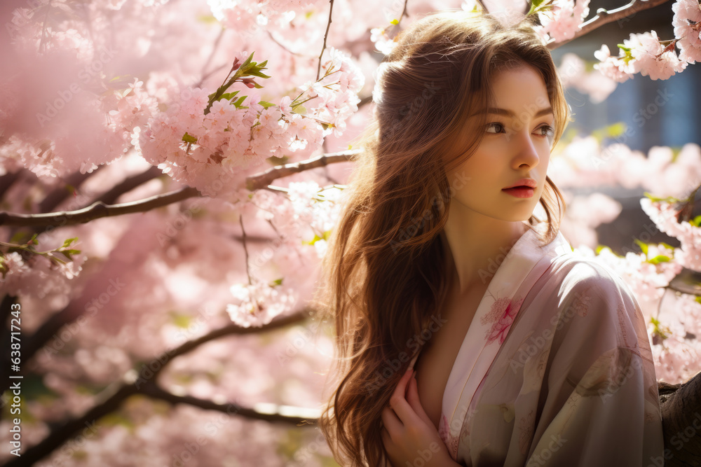 Peaceful young woman next to a sakura tree. Generative AI. Peaceful young woman next to a sakura tree. Generative AI.