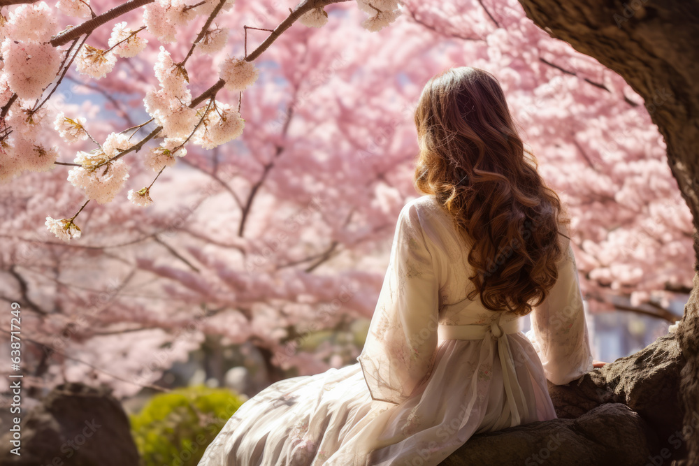 Peaceful young woman next to a sakura tree. Generative AI.