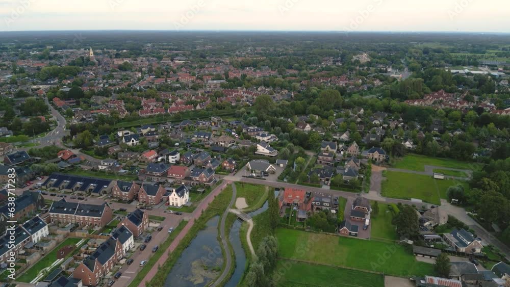 Drone shot of a residential area of the city of Nijkerk in the Netherlands with a nature park. Aerial move back. Drone shot of a residential area of the city of Nijkerk in the Netherlands with a nature park. Aerial move back.