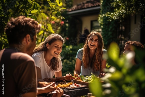 Diverse teenage and friends having a picnic barbeque grill in the garden. Generative AI