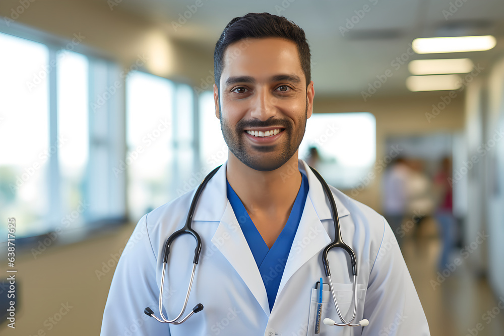 Portrait of smiling male doctor standing in hospital corridor. Confident male doctor smiling wearing white lab coat standing in modern hospital corridor Portrait of smiling male doctor standing in hospital corridor. Confident male doctor smiling wearing white lab coat standing in modern hospital corridor