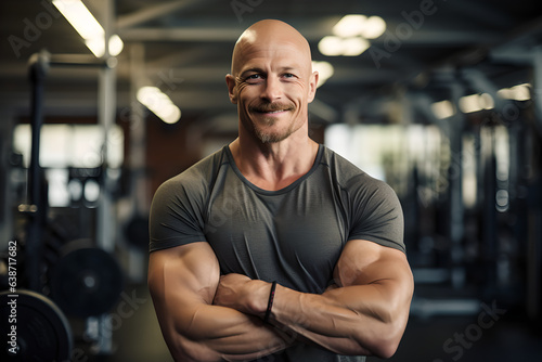 Portrait of muscular men in gym smiling, standing confident with crossed his arms. Happy smile, athlete building muscle and healthy weight lifting for strength