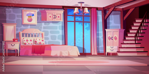 Elegant bedroom with victorian style white furniture. Vector cartoon illustration of house interior with bedroom, mirror table and wardrobe, picture on wall, wooden staircase, night sky view in window