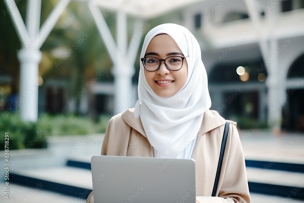 Portrait of young muslim female student wearing glasses with backpack holding laptop computer. Beautiful asian muslim college student smiling at camera