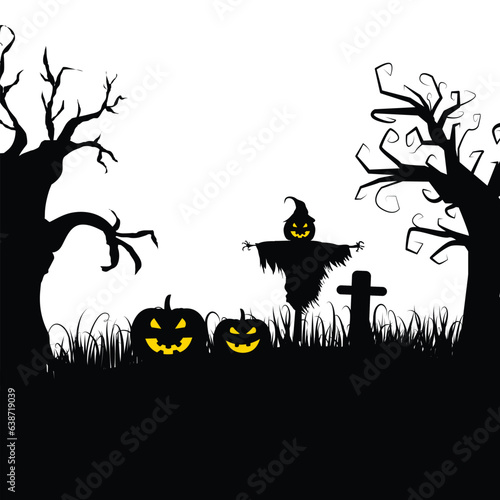 Halloween cemetery silhouette with pumpkins and scarecrow