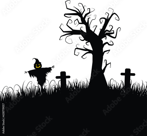 Halloween cemetery silhouette with pumpkins and scarecrow