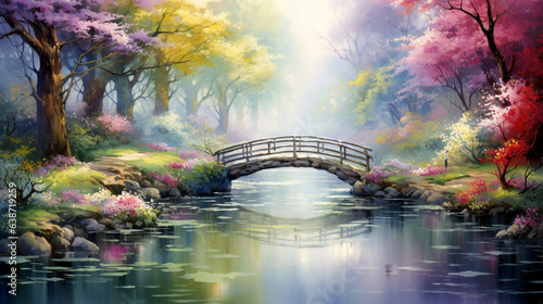 watercolor painting of a bridge and a bridge surrounded by trees, in the style of light red and yellow, colorful garden