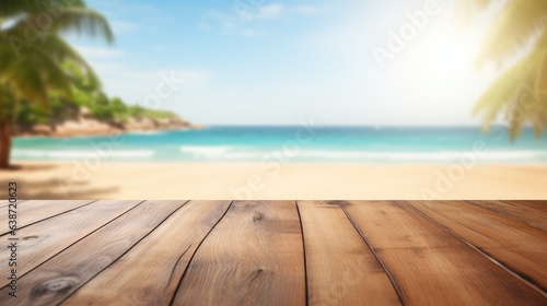 empty wooden table in modern style for product presentation with a blurred beach in the background