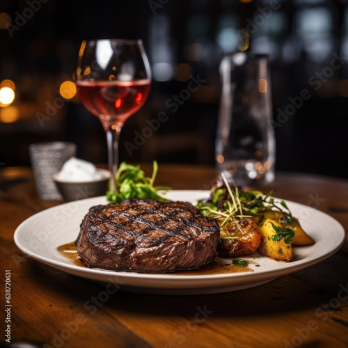 a steak and a drink blurred restaurant in the background