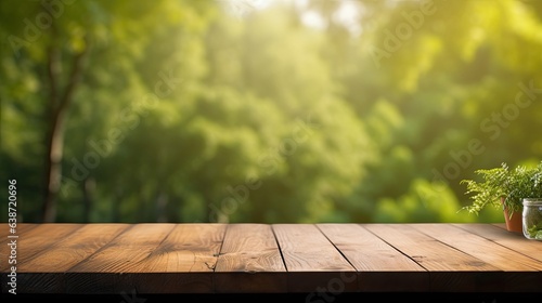 empty wooden table rustical style for product presentation with a blurred green summer forest in the background