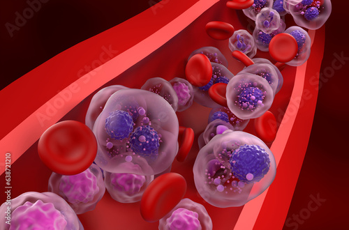 Multiple myeloma (MM) cells in the blood flow - closeup view 3d illustration