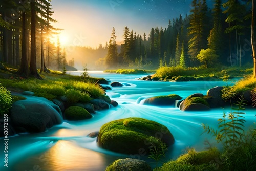A fantastical nature landscape, a magical river flowing through an enchanted forest