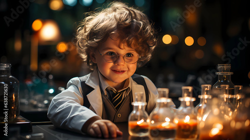 a young child in a lab coat and safety goggles